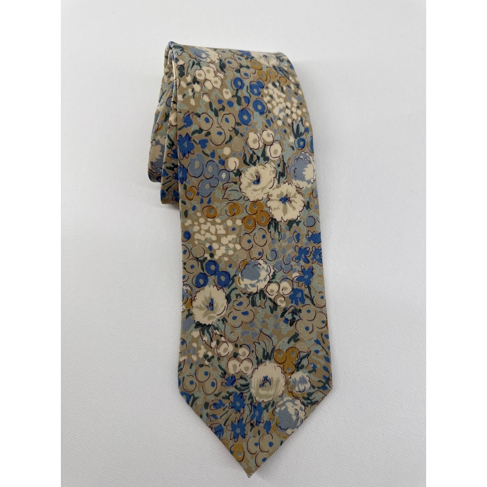 Yukiko Hanai Mens Silk Floral Tie Tan Blue Cream Made in Japan D-TK8057